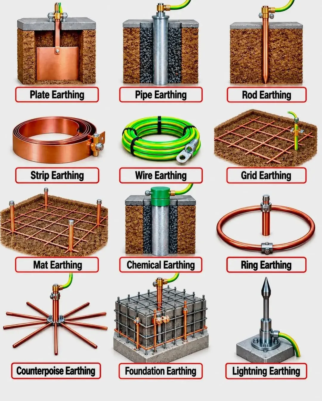 Illustration of the 12 types of earthing: plate, pipe, rod, strip, wire, grid, mat, chemical, ring, counterpoise, foundation and lightning earthing
